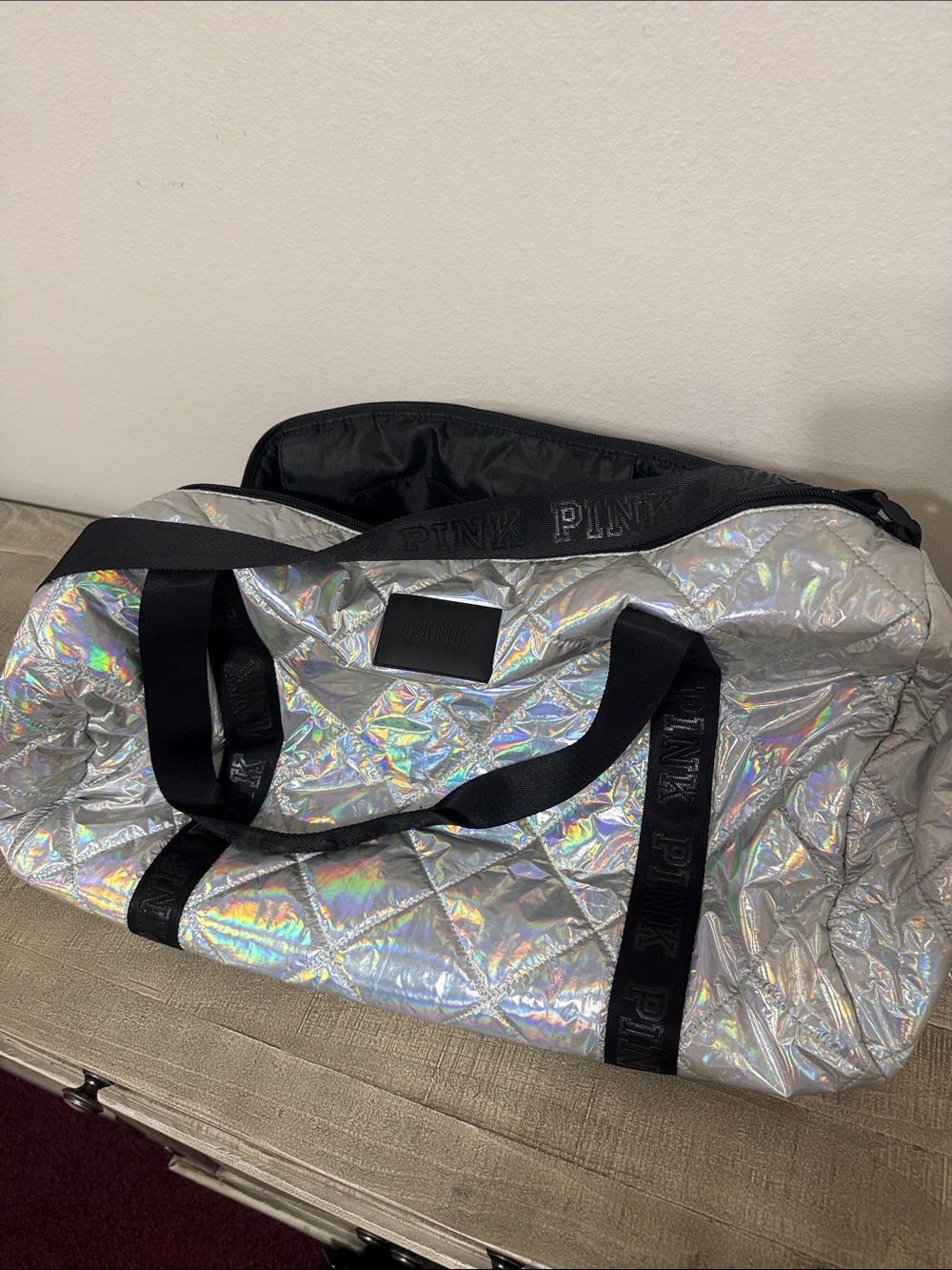 PINK Victoria's Secret Iridescent Quilted Tote - Black Trim